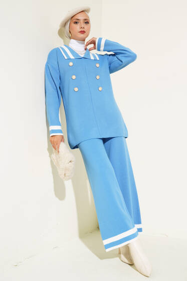 Denizci Yaka Triko İkili Takım Mavi Kemik - Triko