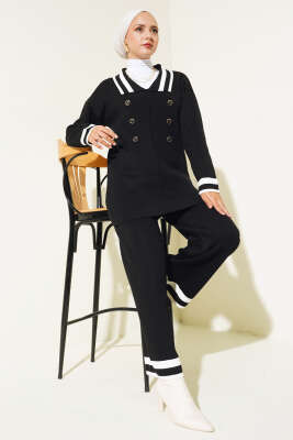 Denizci Yaka Triko İkili Takım Siyah Kemik - Triko İkili Takım