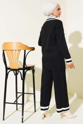 Denizci Yaka Triko İkili Takım Siyah Kemik - Triko İkili Takım