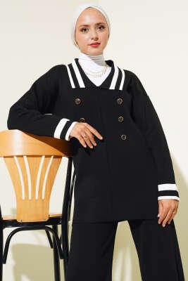 Denizci Yaka Triko İkili Takım Siyah Kemik - Triko İkili Takım