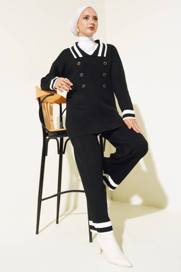 Denizci Yaka Triko İkili Takım Siyah Kemik - Triko