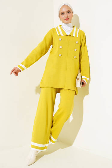 Denizci Yaka Triko İkili Takım Yeşil Kemik - Triko