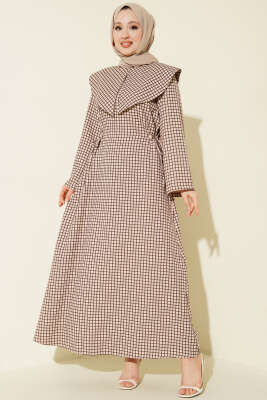 Denizci Yakalı Kareli Elbise Bej - ZAMANE (QSS)