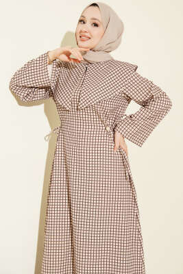 Denizci Yakalı Kareli Elbise Bej - Elbise