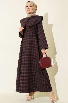 Denizci Yakalı Kareli Elbise Burgonya - ZAMANE (QSS)