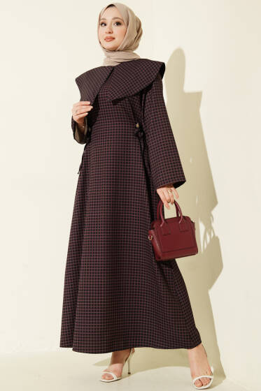 Denizci Yakalı Kareli Elbise Burgonya - Elbise
