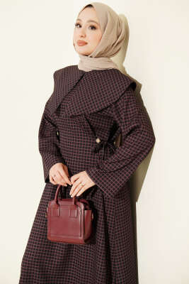 Denizci Yakalı Kareli Elbise Burgonya - Elbise
