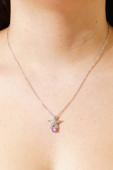 Denizyıldızı Figürlü Pembe Taşlı Kolye Gümüş - Kolye