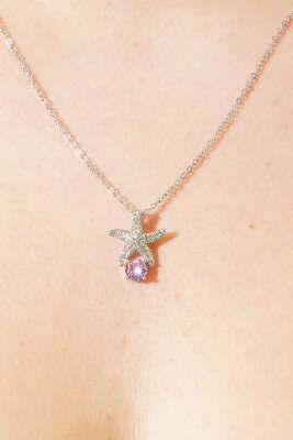 Denizyıldızı Figürlü Pembe Taşlı Kolye Gümüş - Kolye