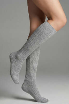Derbili Dizaltı Yün Çorap Gri 