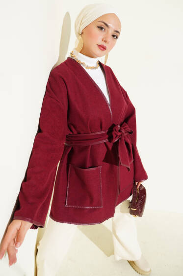Deri Biyeli Cepli Ceket Bordo - Ceket