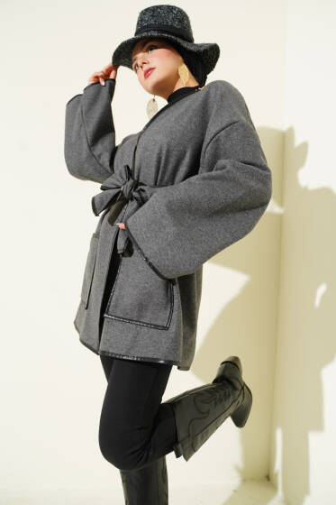 Deri Biyeli Cepli Ceket Füme - Ceket