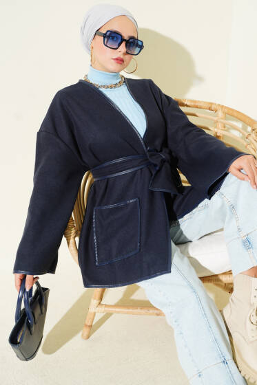 Deri Biyeli Cepli Ceket Lacivert - Ceket