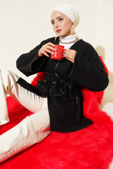 Deri Biyeli Cepli Ceket Siyah - Ceket