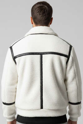 Deri Biyeli Erkek Kürk Mont Beyaz - Yeni Erkek Giyim