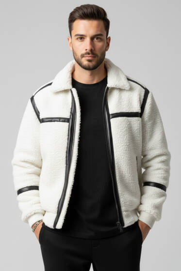 Deri Biyeli Erkek Kürk Mont Beyaz - Yeni Erkek Giyim