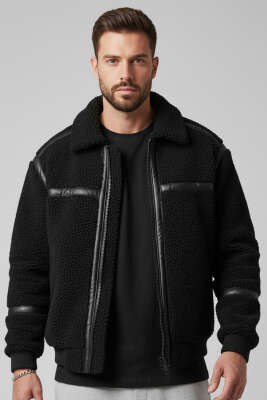 Deri Biyeli Erkek Kürk Mont Siyah - BY MAMİ