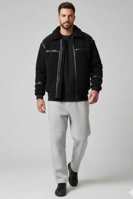 Deri Biyeli Erkek Kürk Mont Siyah - Yeni Erkek Giyim