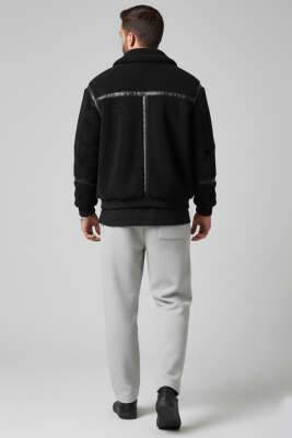 Deri Biyeli Erkek Kürk Mont Siyah - Yeni Erkek Giyim