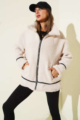 Deri Biyeli Fermuarlı Peluş Ceket Bej - Kadın Giyim Modelleri