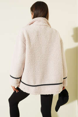 Deri Biyeli Fermuarlı Peluş Ceket Bej - Kadın Giyim Modelleri