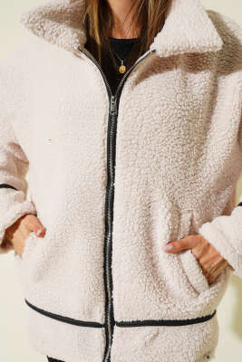 Deri Biyeli Fermuarlı Peluş Ceket Bej - Kadın Giyim Modelleri