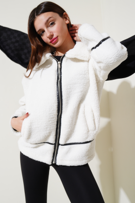 Deri Biyeli Fermuarlı Peluş Ceket Ekru - Kadın Giyim Modelleri