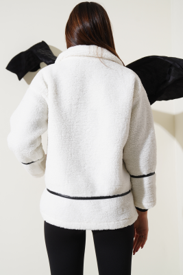 Deri Biyeli Fermuarlı Peluş Ceket Ekru - Kadın Giyim Modelleri