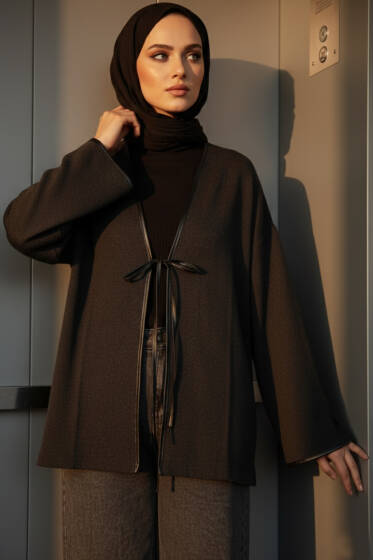 Deri Biyeli Fitilli Görünümlü Kimono Antrasit - Dış Giyim&Mont