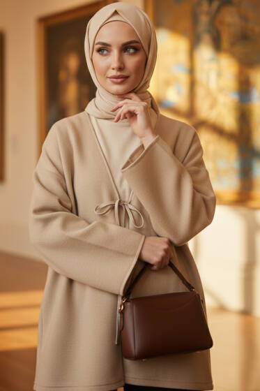 Deri Biyeli Fitilli Görünümlü Kimono Bej - Dış Giyim&Mont