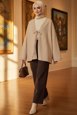 Deri Biyeli Fitilli Görünümlü Kimono Bej - Yılın Fırsatı