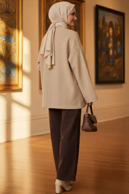 Deri Biyeli Fitilli Görünümlü Kimono Bej - Yılın Fırsatı