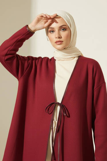 Deri Biyeli Fitilli Görünümlü Kimono Bordo - Dış Giyim&Mont