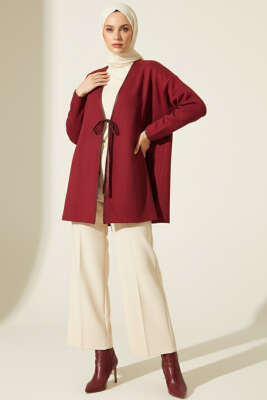 Deri Biyeli Fitilli Görünümlü Kimono Bordo - Dış Giyim&Mont