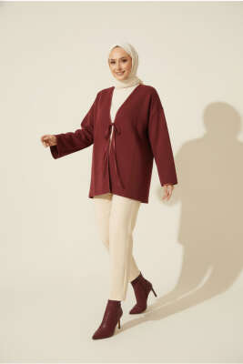 Deri Biyeli Fitilli Görünümlü Kimono Bordo - Yılın Fırsatı