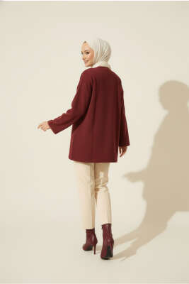 Deri Biyeli Fitilli Görünümlü Kimono Bordo - Yılın Fırsatı