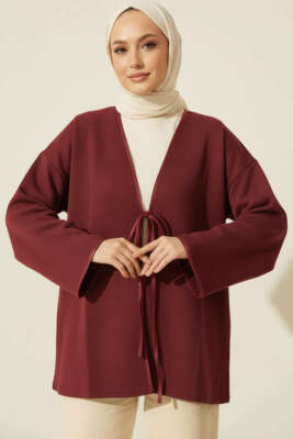 Deri Biyeli Fitilli Görünümlü Kimono Bordo - SAS