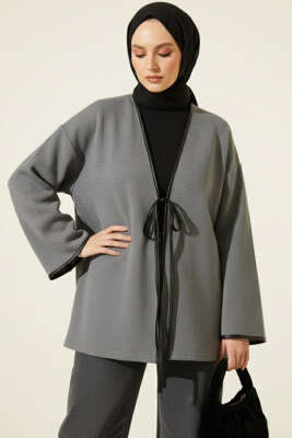 Deri Biyeli Fitilli Görünümlü Kimono Füme - SAS