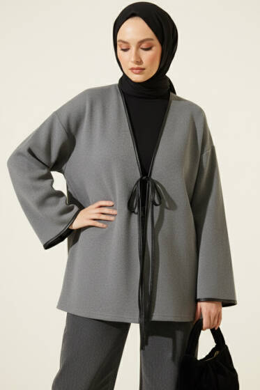 Deri Biyeli Fitilli Görünümlü Kimono Füme - Yılın Fırsatı