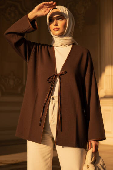 Deri Biyeli Fitilli Görünümlü Kimono Kahve - Dış Giyim&Mont