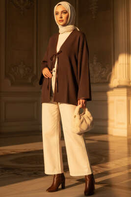 Deri Biyeli Fitilli Görünümlü Kimono Kahve - Yılın Fırsatı