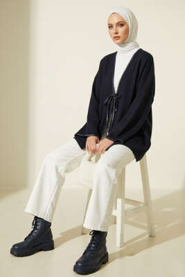 Deri Biyeli Fitilli Görünümlü Kimono Lacivert - Yılın Fırsatı