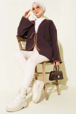 Deri Biyeli Fitilli Görünümlü Kimono Mürdüm - Dış Giyim&Mont