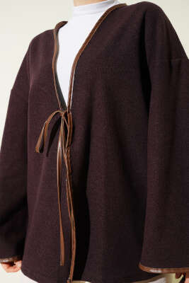 Deri Biyeli Fitilli Görünümlü Kimono Mürdüm - Dış Giyim&Mont