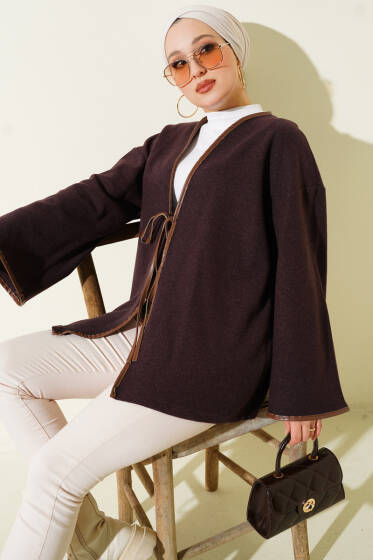 Deri Biyeli Fitilli Görünümlü Kimono Mürdüm - Yılın Fırsatı