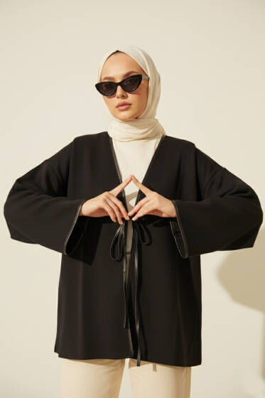 Deri Biyeli Fitilli Görünümlü Kimono Siyah - Dış Giyim&Mont