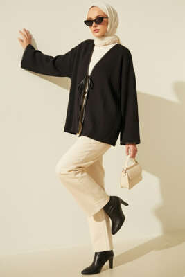 Deri Biyeli Fitilli Görünümlü Kimono Siyah - Yılın Fırsatı