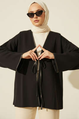 Deri Biyeli Fitilli Görünümlü Kimono Siyah - SAS
