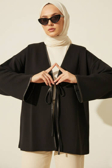 Deri Biyeli Fitilli Görünümlü Kimono Siyah - Yılın Fırsatı
