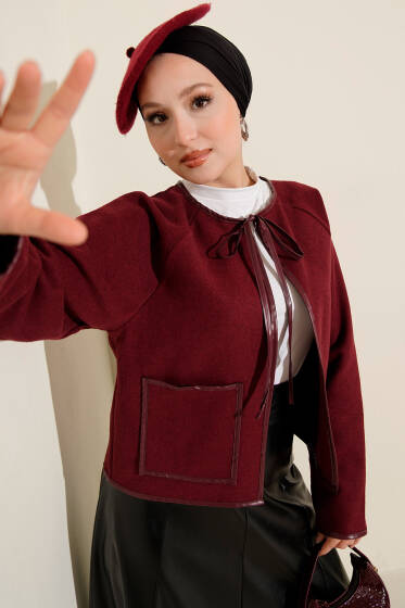 Deri Biyeli Kaşe Kısa Ceket Bordo - Ceket